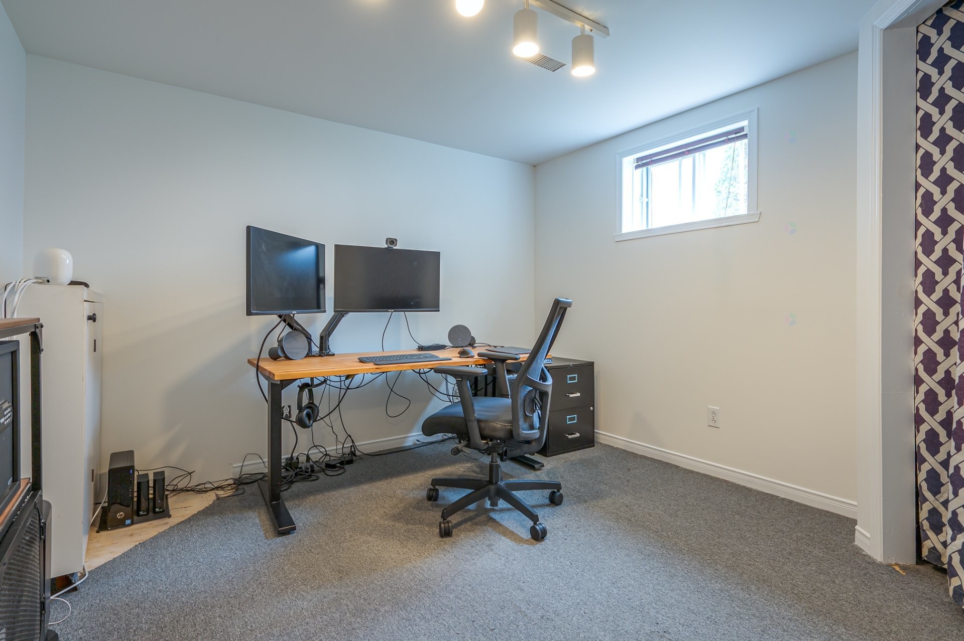 Basement office with dual monitor setup, ergonomic chair, standing desk